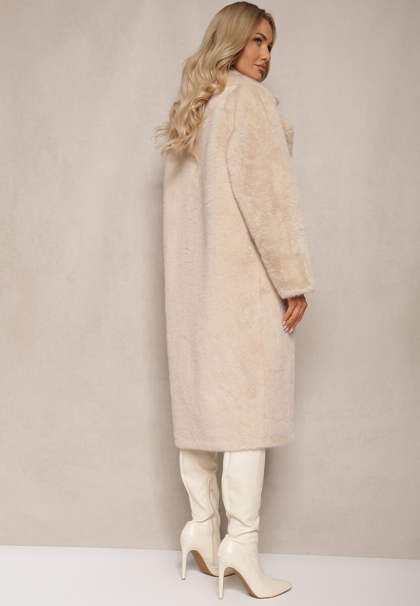 Beżowy Płaszcz z Futra z Zapięciem na Guziki i Wsuwanymi Kieszeniami Paritha