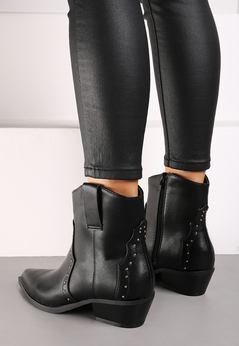 Czarne Szpiczaste Botki w Stylu Kowbojskim z Nitami  Mevanta