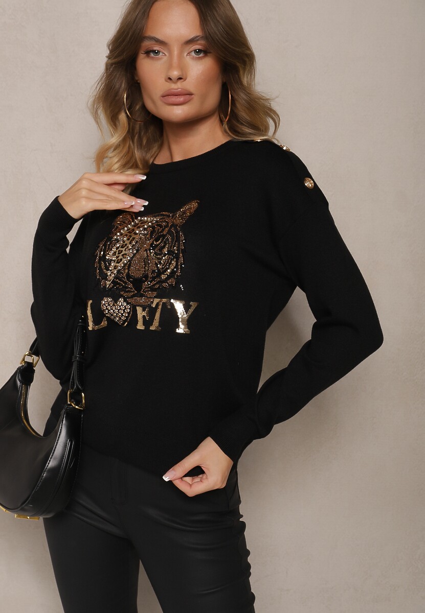 Czarny Sweter z Wiskozą Naszywką Napisem i Cyrkoniami Lilrae