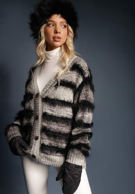 Czarno-Szary Rozpinany Kardigan z Wiskozą i Wełną w Paski Esamara