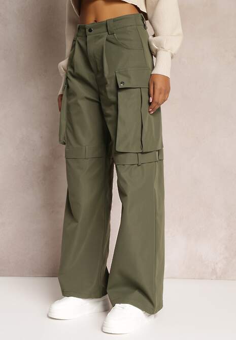 Zielone Szerokie Spodnie High Waist w Stylu Cargo Vomisal