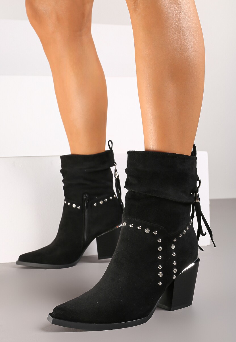 Czarne Botki Kowbojki na Stożku Ozdobione Cyrkoniami i Frędzlami w Stylu Boho Lerilani