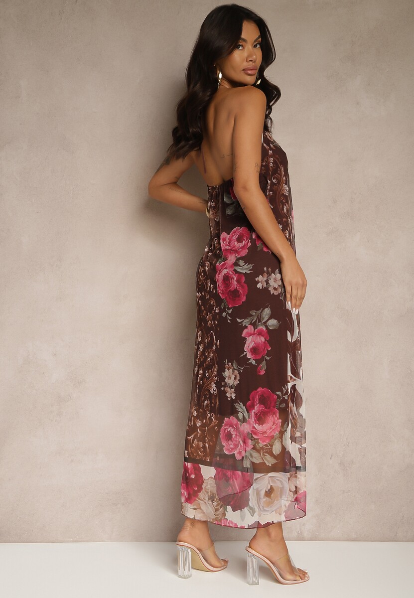Brązowa Kwiatowa Sukienka Siateczkowa z Wiskozą Izurelia