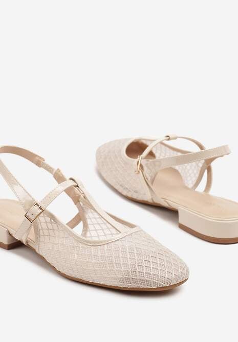 Beżowe Sandały Vices Lakierowane Slingback z Siateczkową Cholewką Mairelite