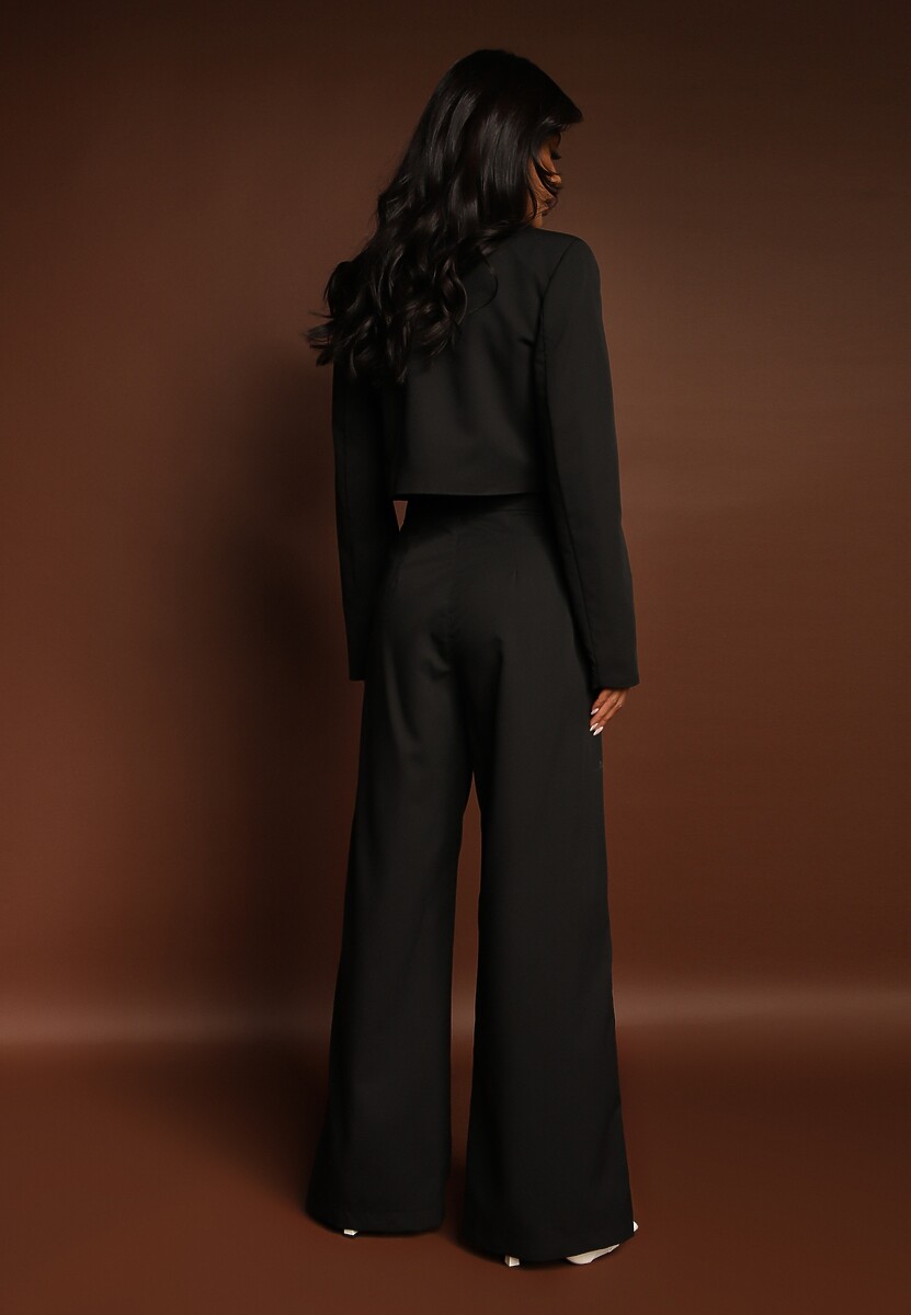 Czarny Garniturowy Komplet Marynarka Cropped i Szerokie Spodnie Mairilee