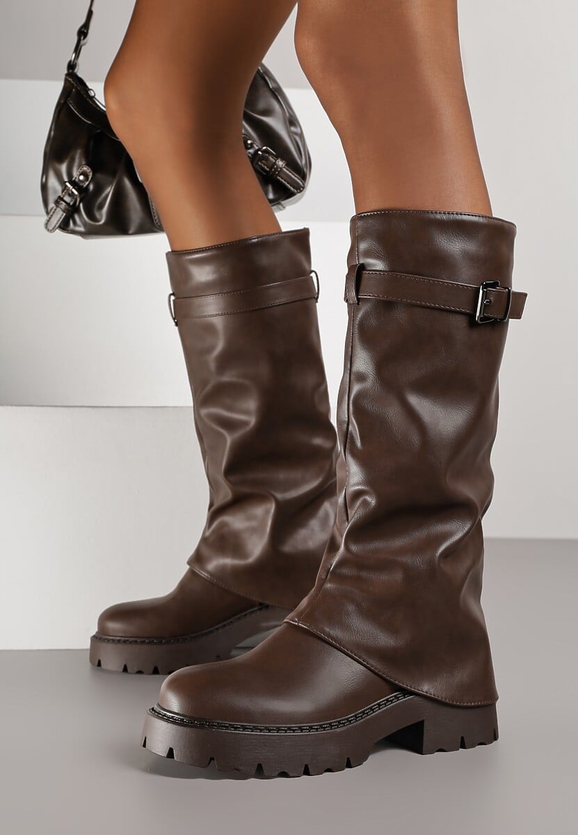 Ciemnobrązowe Kozaki VICES z Marszczoną Cholewką Imitującą Nogawkę ze Sprzączką Valles