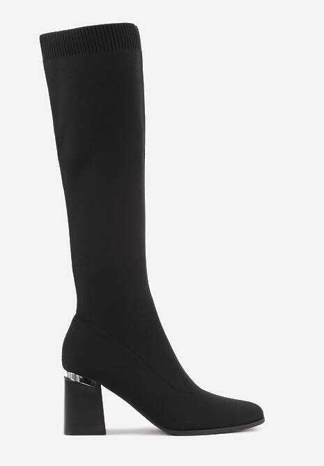 Czarne Eleganckie Kozaki VICES ze Skarpetkową Cholewką na Słupku z Aplikacją Raleana