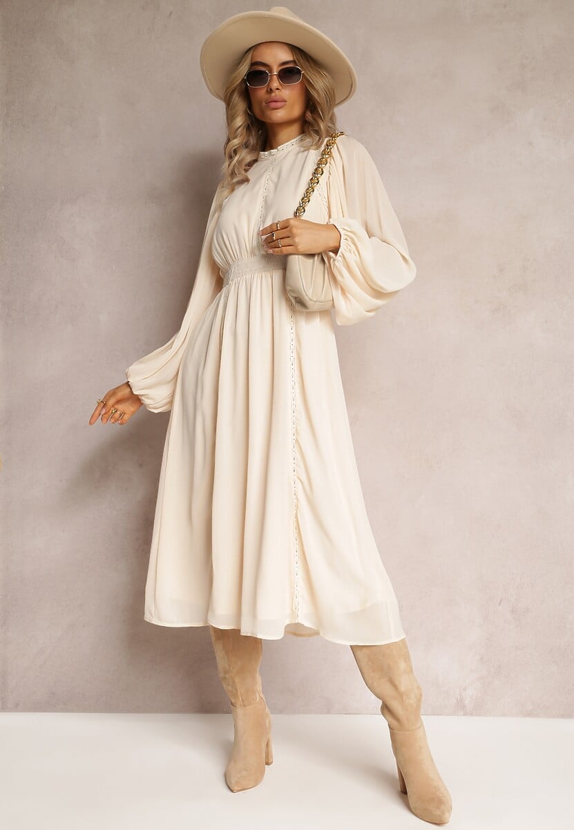 Beżowa Rozkloszowana Sukienka Midi z Gumkami w Talii i Koronką Ottillda