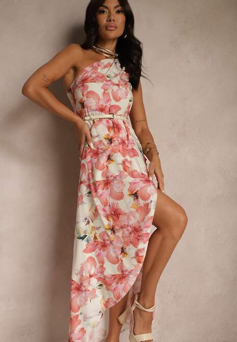 Różowa Asymetryczna Sukienka z Wiskozy w Kwiaty Linive