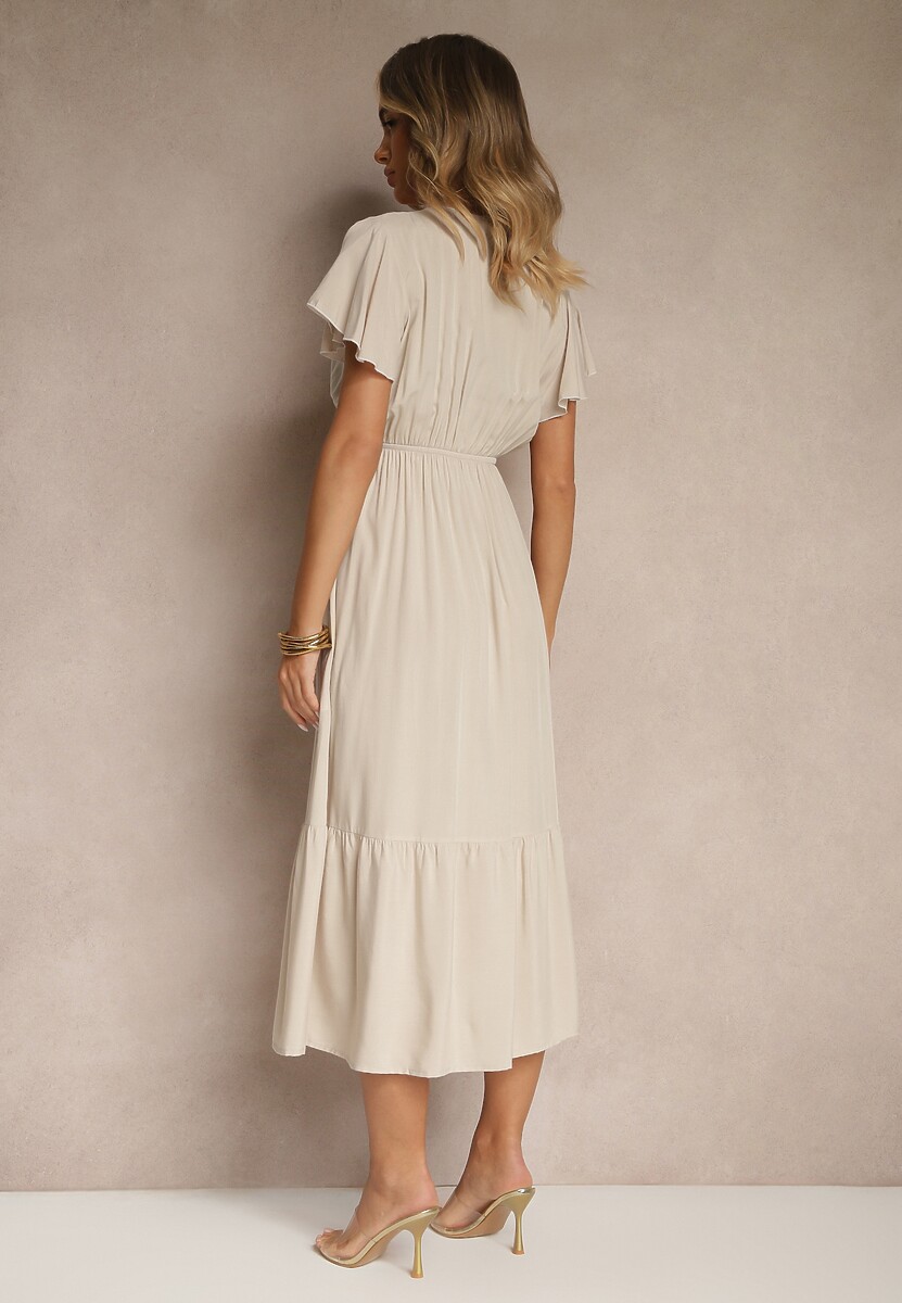 Beżowa Rozkloszowana Sukienka z Bawełny Zdobiona Guzikami Folennea