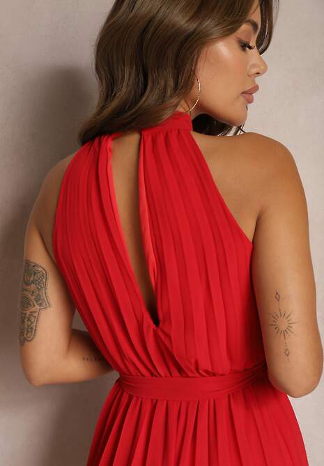 Czerwony Kombinezon z Dekoltem Typu Halter i Gumką w Talii Zolefia