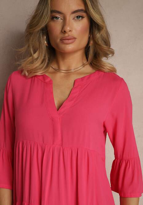 Ciemnoróżowa Wiskozowa Sukienka o Rozkloszowanym Kroju Ozdobiona Falbanami Lirione