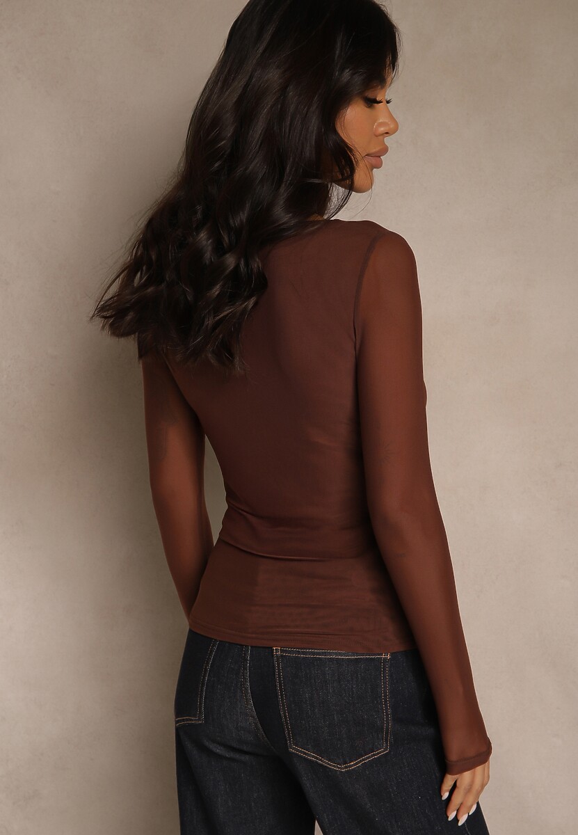 Brązowa Bluzka Longsleeve z Siateczki z Wiskozą z Dekoltem w Serce Elinevia