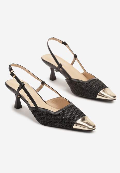 Czarne Sandały na Kaczuszce Slingback z Plecionką i Metalicznym Noskiem Ldivaria