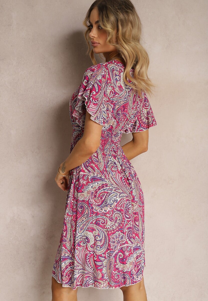 Fuksjowa Rozkloszowana Sukienka z Wiskozy z Trójkątnym Dekoltem i Gumką w Pasie Grilemia