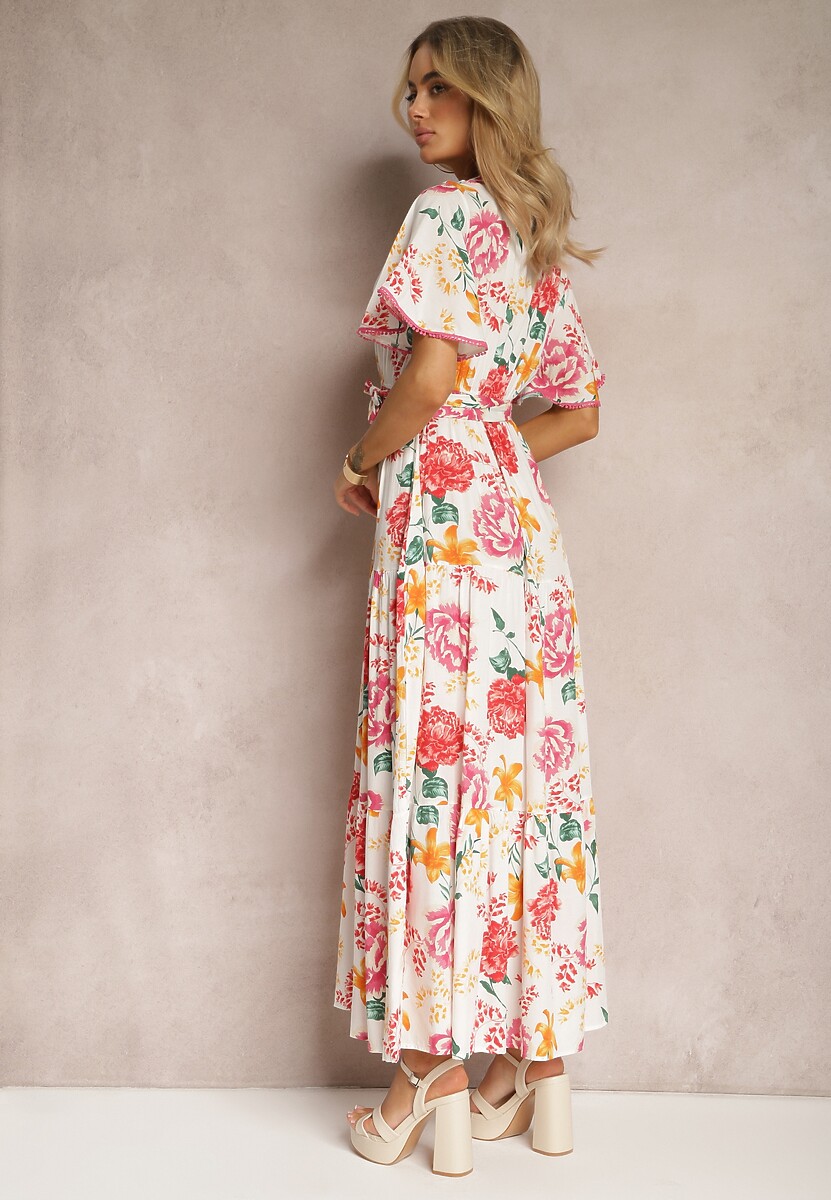 Biała Sukienka z Kopertowym Dekoltem i Falbanką Ozdobiona Kwiatowym Motywem Nisavela