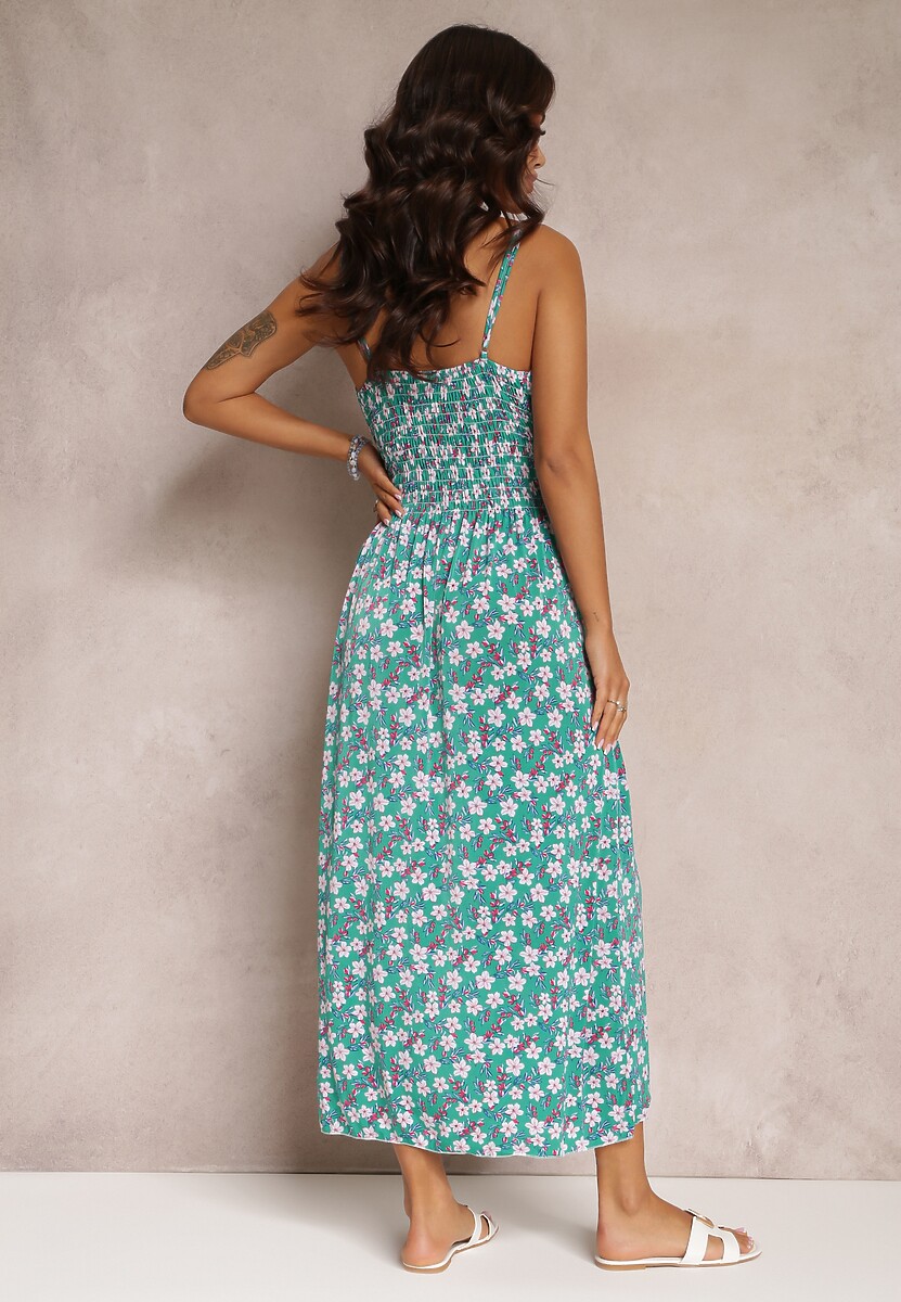 Zielona Rozkloszowana Sukienka Maxi na Ramiączkach z Cienkimi Gumkami w Talii Daniyelle