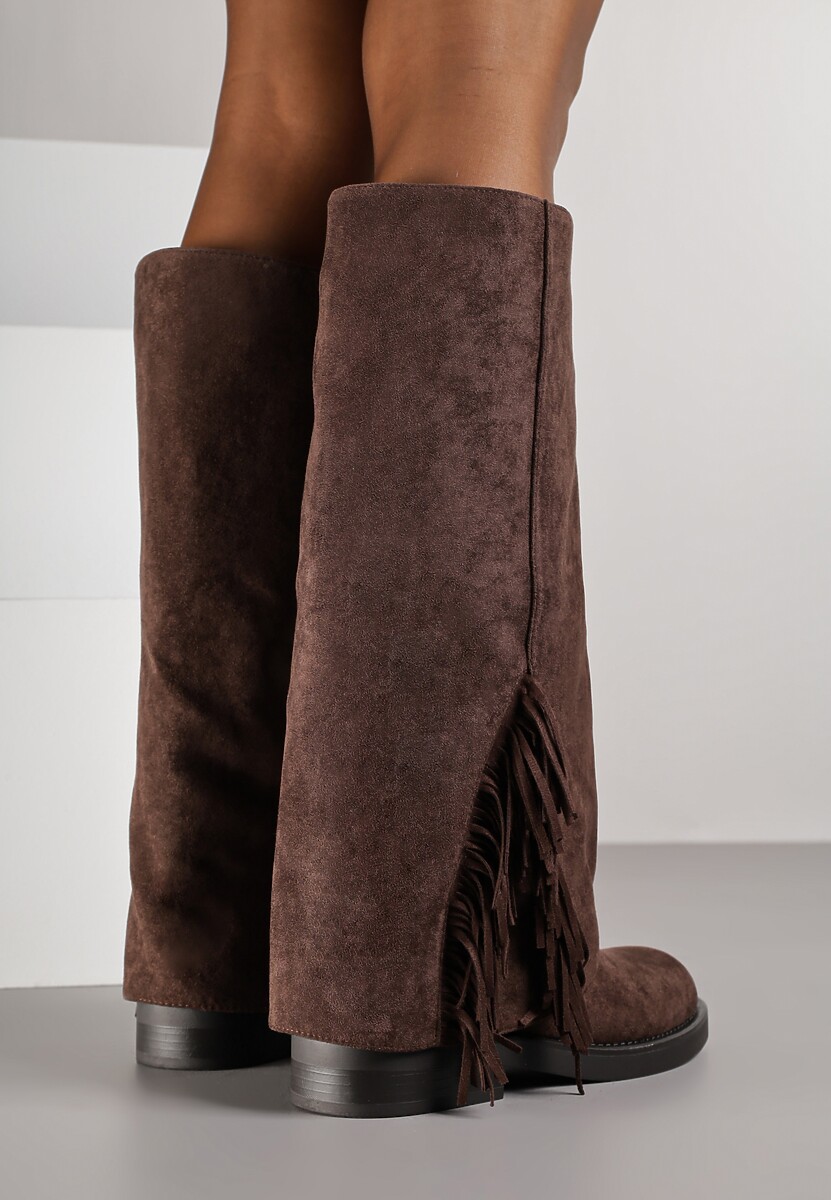 Brązowe Kozaki Ozdobione Frędzlami i Wywiniętą Cholewką Reilevia