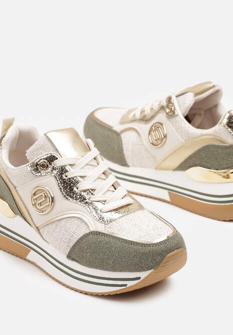 Beżowo-Zielone Sneakersy z Metalicznymi Zdobieniami na Platformie Gonnella