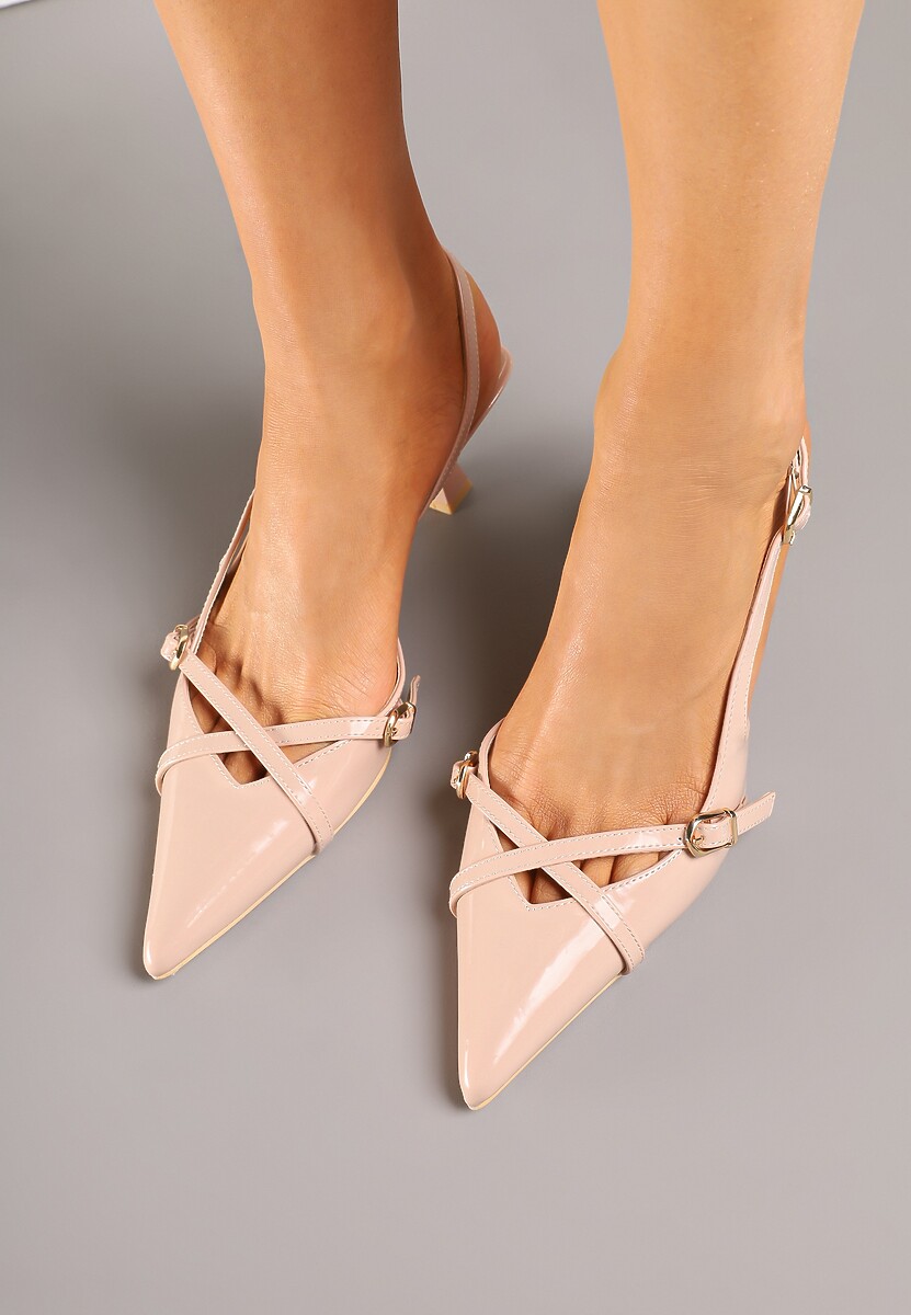 Beżowe Sandały Slingback na Kaczuszce ze Szpiczastym Noskiem ze Sprzączkami Deyline