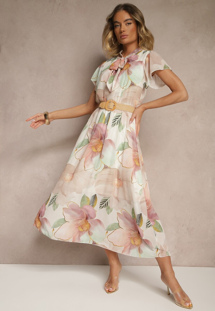 Różowa Rozkloszowana Sukienka Zdobiona Wiązaniem i Paskiem z Klamrą Sorisse