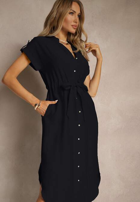 Czarna Koszulowa Rozkloszowana Sukienka z Wiskozy z Paskiem Katilene