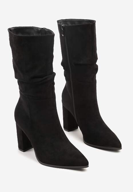 Czarne Marszczone Botki z Imitacji Zamszu na Słupkowym Obcasie Leriline