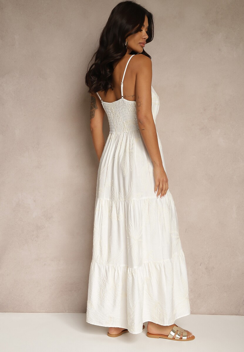 Biała Sukienka z Wiskozą ze Sznurkiem i Haftowanym Wzorem Liralette