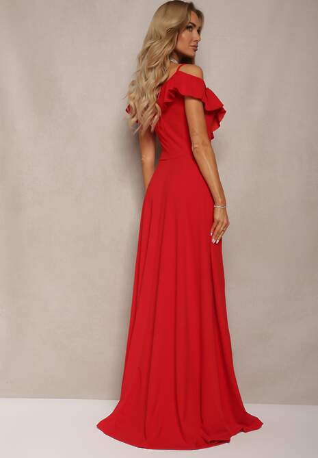 Czerwona Rozkloszowana Sukienka Typu Hiszpanka na Ramiączkach z Rozcięciem Neroli