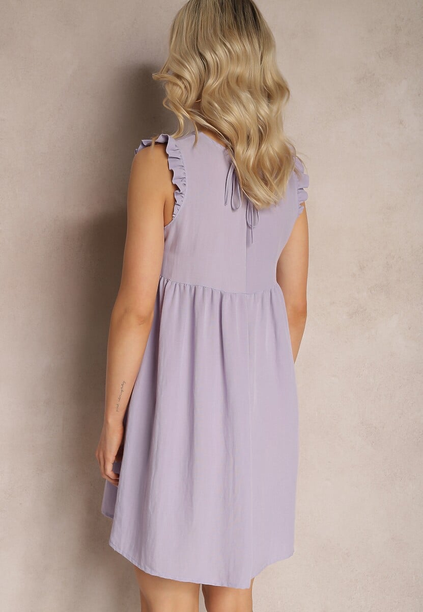 Fioletowa Sukienka z Wiskozy z Falbanką przy Rękawie i Wiązaniem z Tyłu Mloelia
