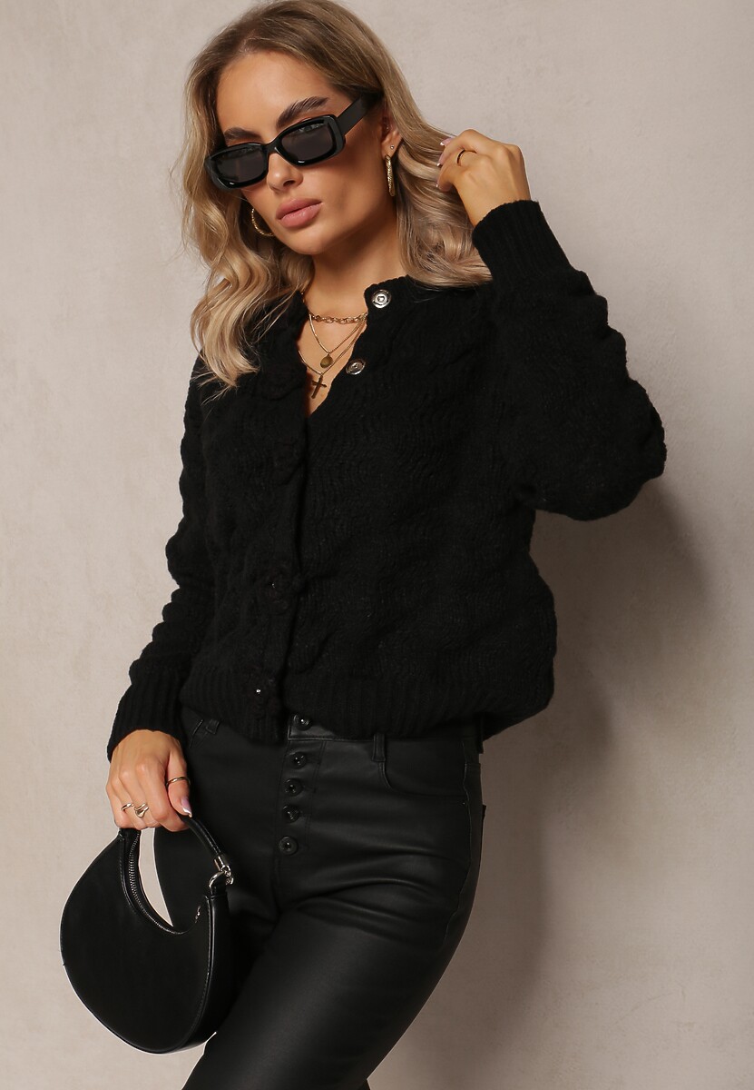 Czarny Kardigan z Miękkiej Dzianiny w Kwiaty Nufreda