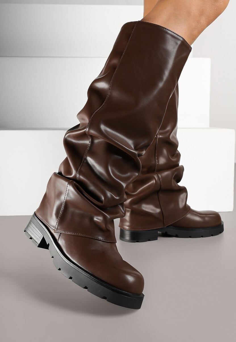 Brązowe Marszczone Kozaki z Cholewką Imitującą Nogawkę Nalomassa