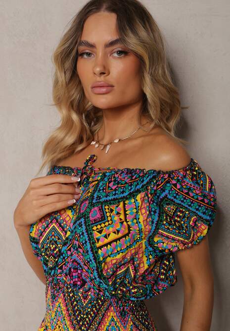 Żółto-Fioletowa Rozkloszowana Sukienka z Bawełny z Gumką w Talii Xenetta