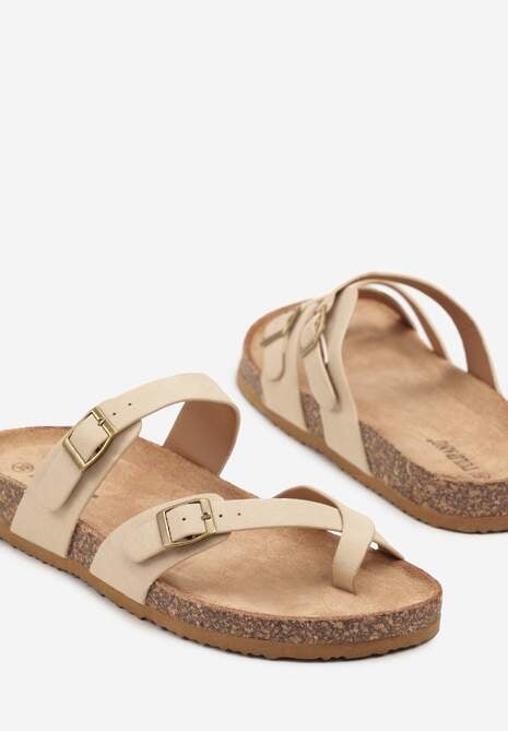 Beżowe Klapki Japonki ze Sprzączkami na Podeszwie z Imitacji Korka Idanavia