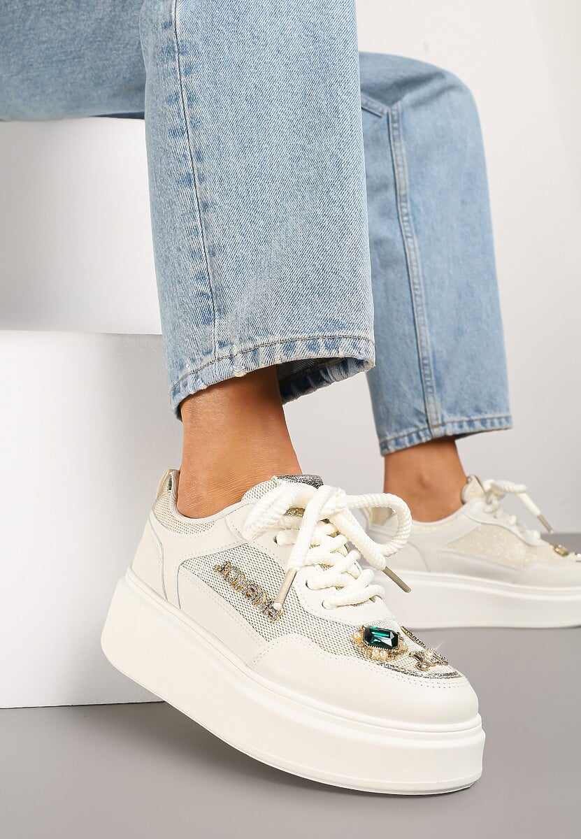 Beżowe Sneakersy na Grubej Podeszwie z Cyrkoniami i Brokatem Falissa