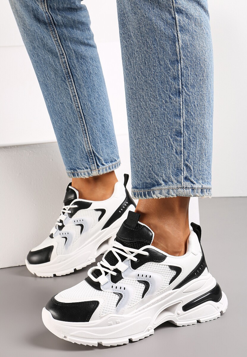 Biało-Czarne Sneakersy na Grubej Podeszwie z Metalicznymi Wstawkami Seta