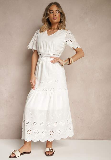 Biała Rozkloszowana Sukienka z Bawełny z Haftowanymi Zdobieniami w Stylu Boho Efrivina