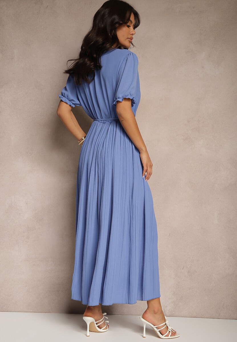 Niebieska Sukienka z Bawełną Ozdobiona Kopertowym Dekoltem i Paskiem Grellevia