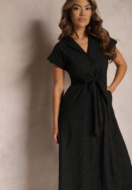 Czarna Rozkloszowana Koszulowa Sukienka z Bawełny z Ażurowym Zdobieniem i Paskiem Ilosofia
