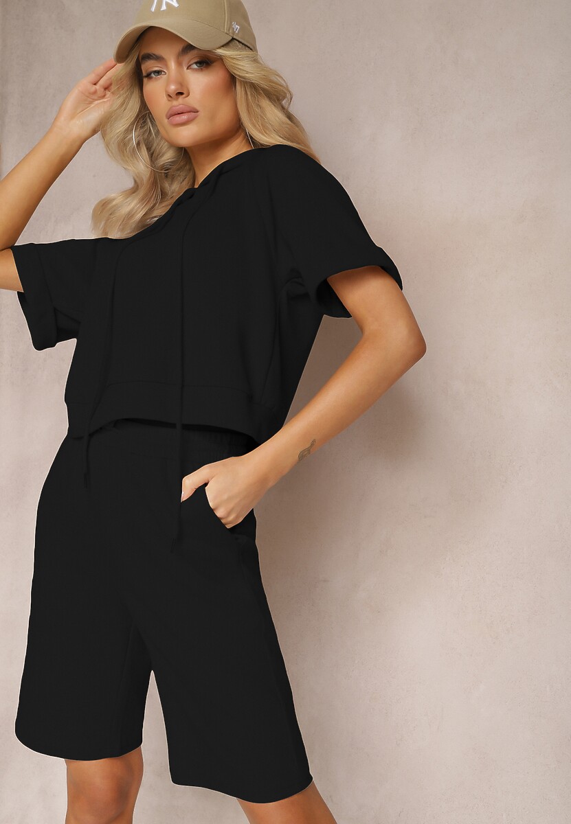 Biały Komplet Dresowy Bluza z Kapturem i Krótkimi Rękawami oraz Szorty Choana