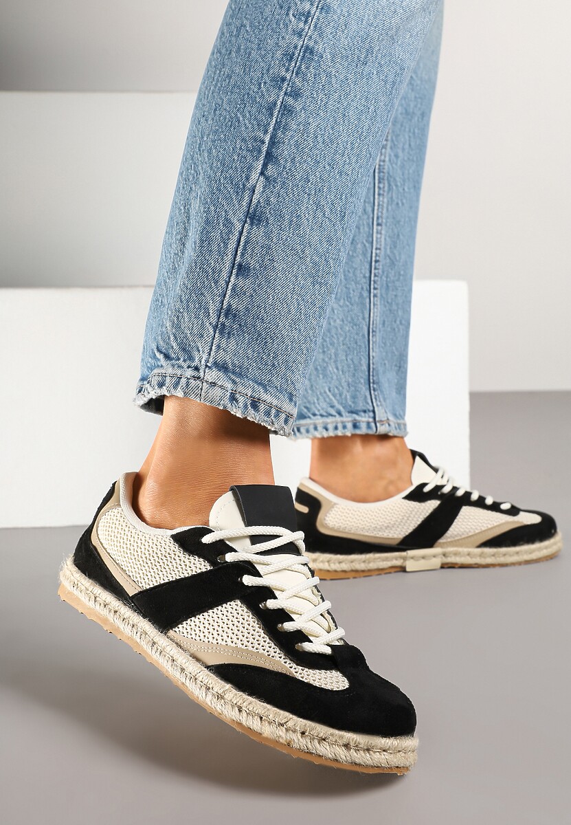 Czarno-Beżowe Sneakersy Typu Kultowe Tenisówki Zdobione Przeszyciami Grelloti