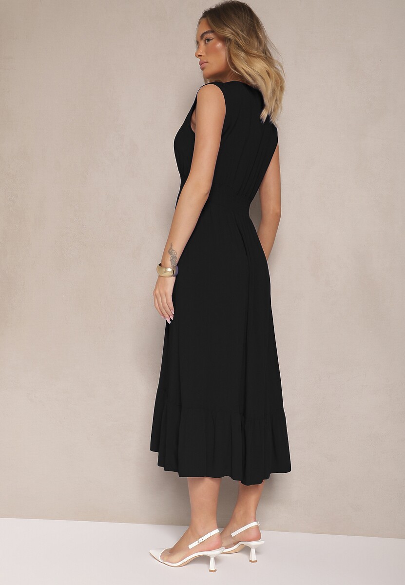 Czarna Kopertowa Sukienka z Wiskozy Zdobiona Falbanką Ularisela