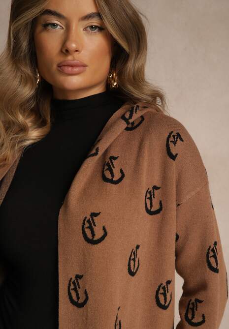 Brązowy Kardigan z Kapturem Ozdobiony Geometrycznym Motywem Ralanessa