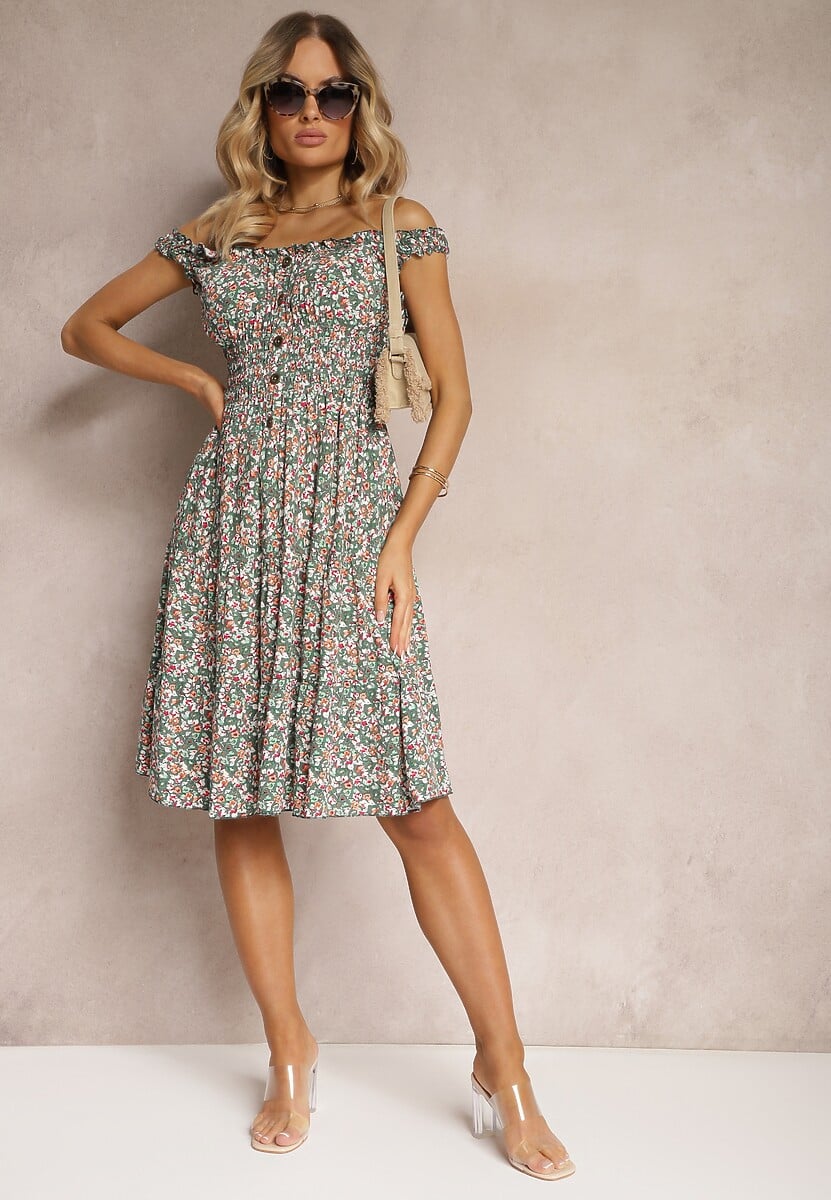 Zielono-Różowa Taliowana Sukienka Bawełniana o Rozkloszowanym Kroju z Gumką w Pasie Nelyssa