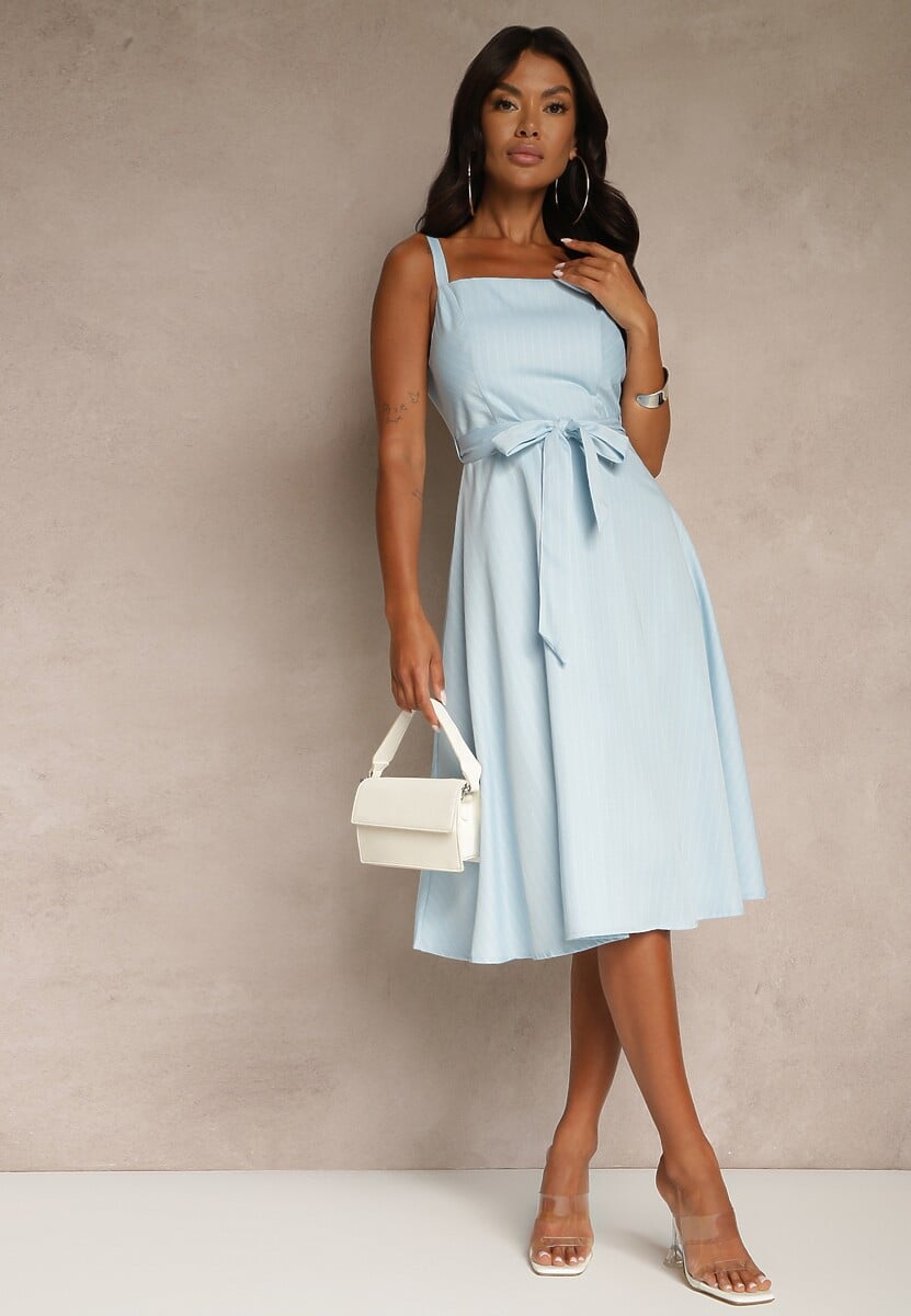 Niebieska Rozkloszowana Sukienka z Wiskozą w Paski Dolavessa