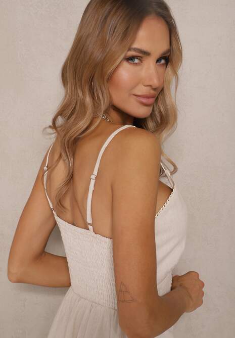 Jasnobeżowa Rozkloszowana Sukienka z Bawełny z Guzikami i Regulowanymi Ramiączkami Lorbia