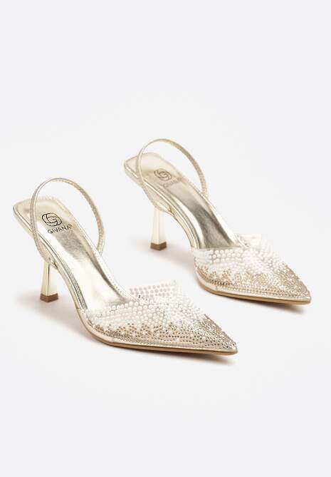 Złote Sandały Szpilki z Transparentnym Noskiem w Szpic z Cyrkoniami Nimilune