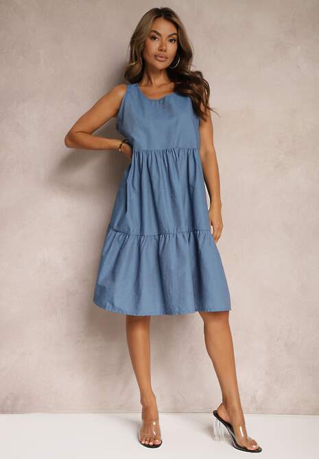 Jasnoniebieska Sukienka z Bawełny o Rozkloszowanym Kroju Bez Rękawów Ajonne