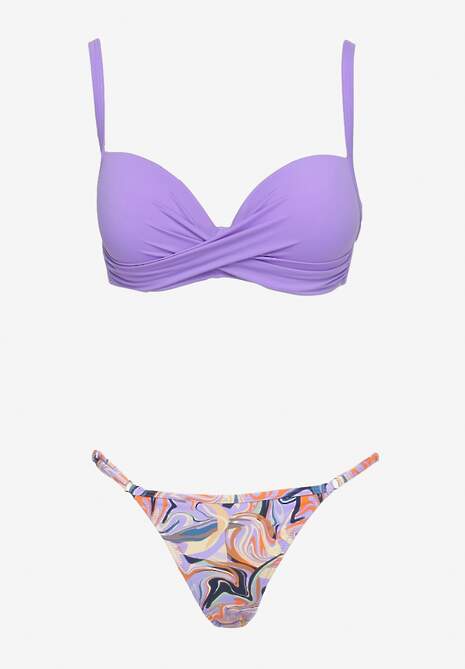 Fioletowe Bikini Biustonosz na Cienkich Ramiączkach z Regulacją i 2 Pary Majtek z Wiązaniem i Regulacją Pammarie