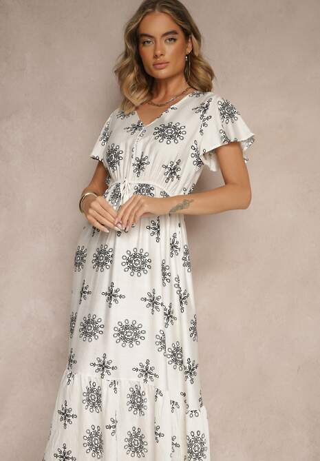 Biało-Czarna Sukienka z Wiskozy Ozdobiona Falbanką i Kwiatami Lumacelle